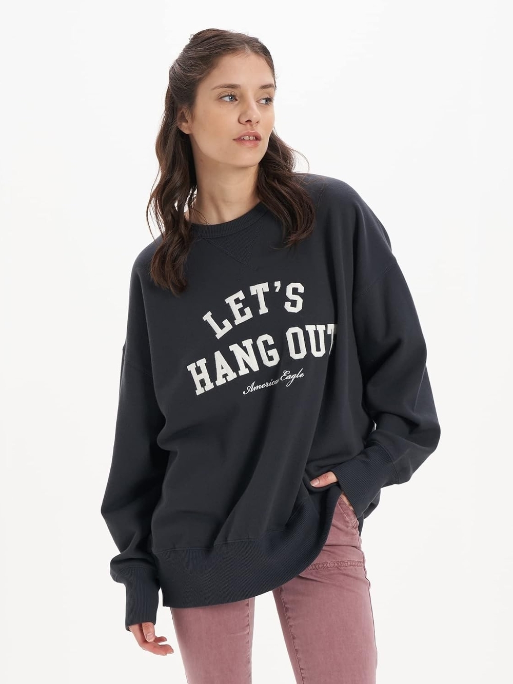 American Eagle Outfitters Women's 'Let's Hang Out' Blue Graphic Crewneck